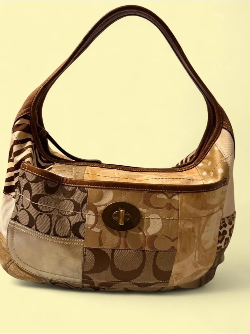Coach Patchwork Signature Hobo Bag in Brown and Cream